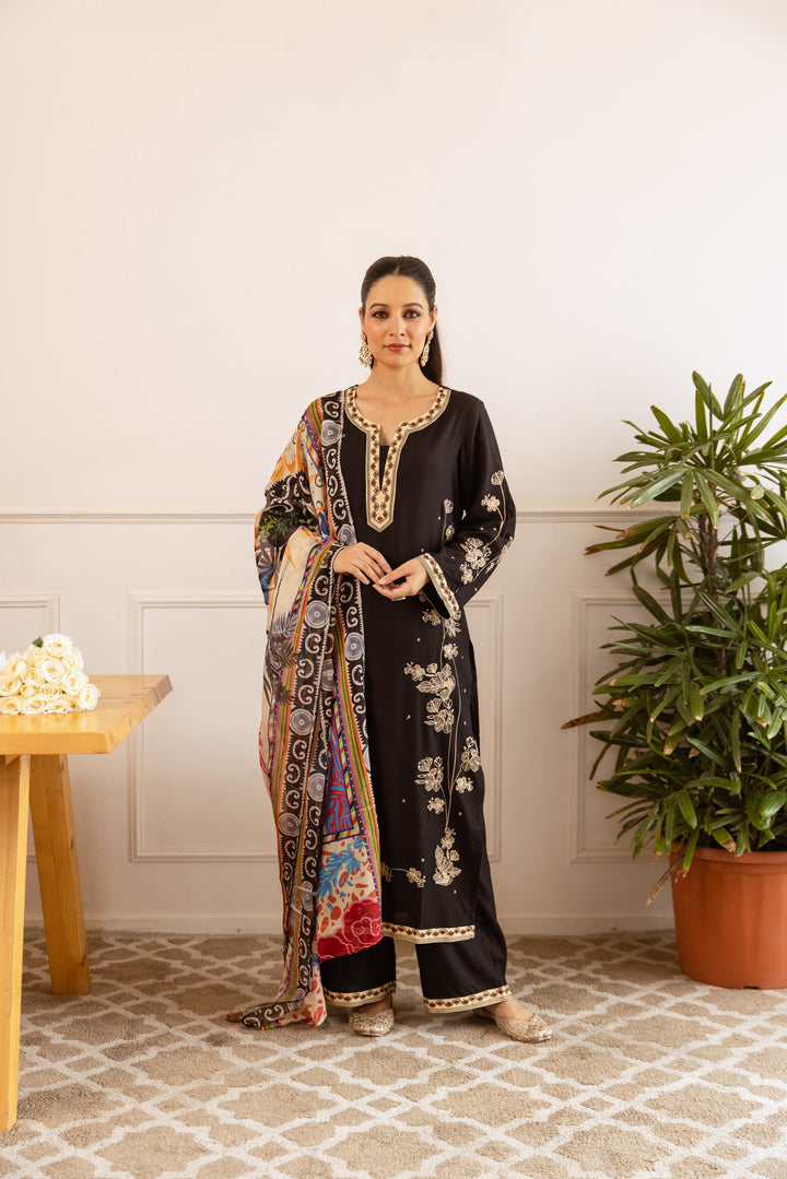 Nehamta Women's Black German Rayon Kurta with Palazzo & Dupatta