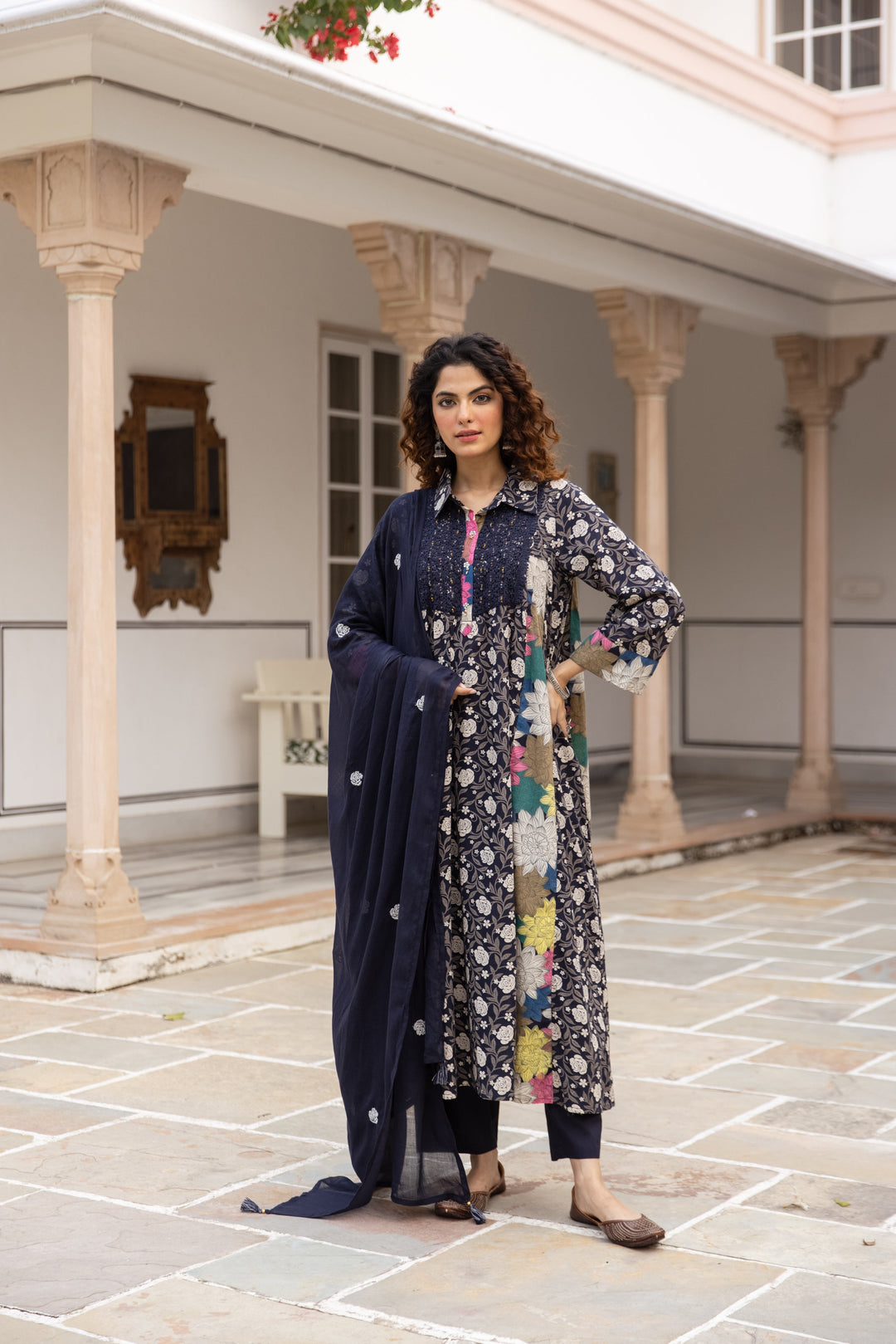 Nehamta Women's Navy Blue Cotton Kurta with Pant & Dupatta