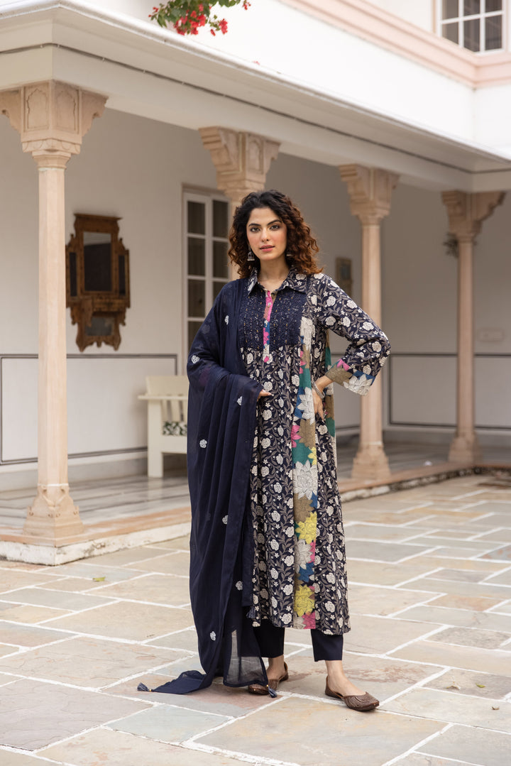 Nehamta Women's Navy Blue Cotton Kurta with Pant & Dupatta