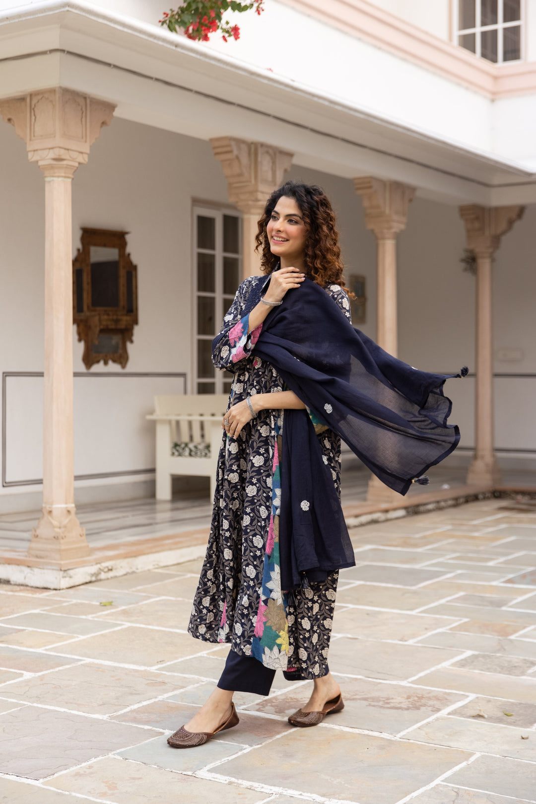 Nehamta Women's Navy Blue Cotton Kurta with Pant & Dupatta