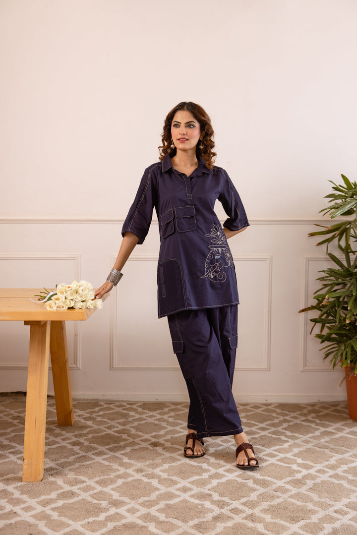 Nehamta Women's Navy Blue Pure Cotton Tunic with Pant Co-Ords Set