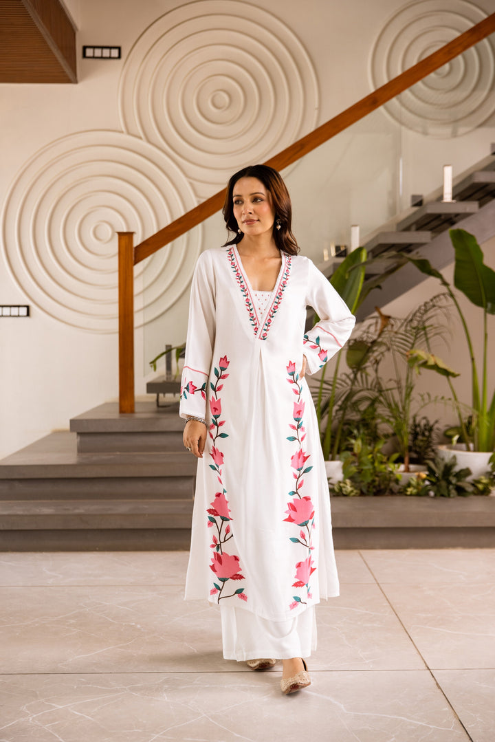 Nehamta Women's White German Rayon Kurta & Palazzo Set