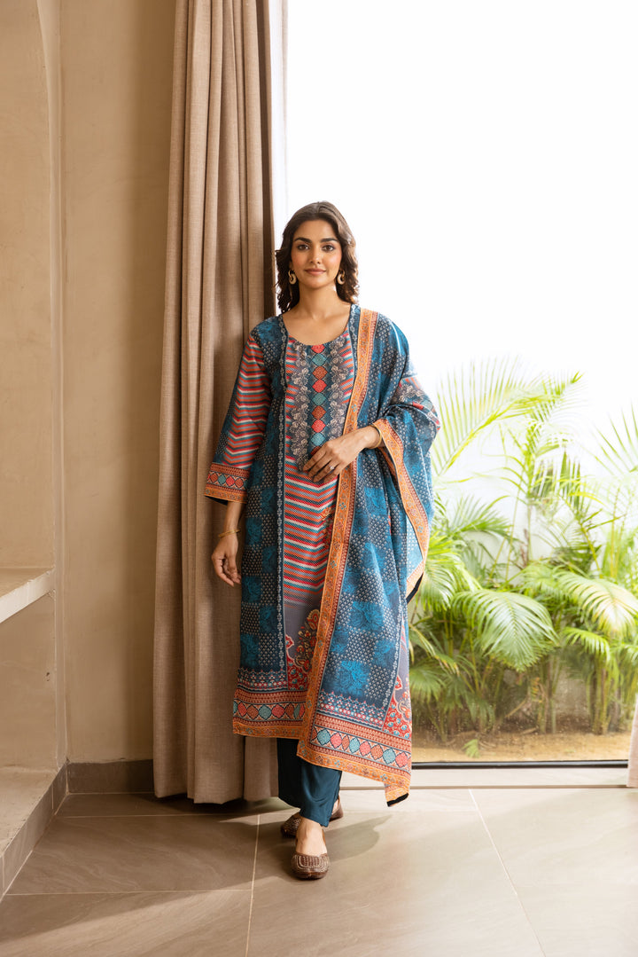 Nehamta Women's Teal Blue Viscose Muslin Kurta, Palazzo & Dupatta Set