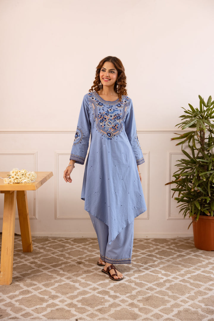 Nehamta Women's Sky Blue Cotton Asymetrical Kurta & Palazzo