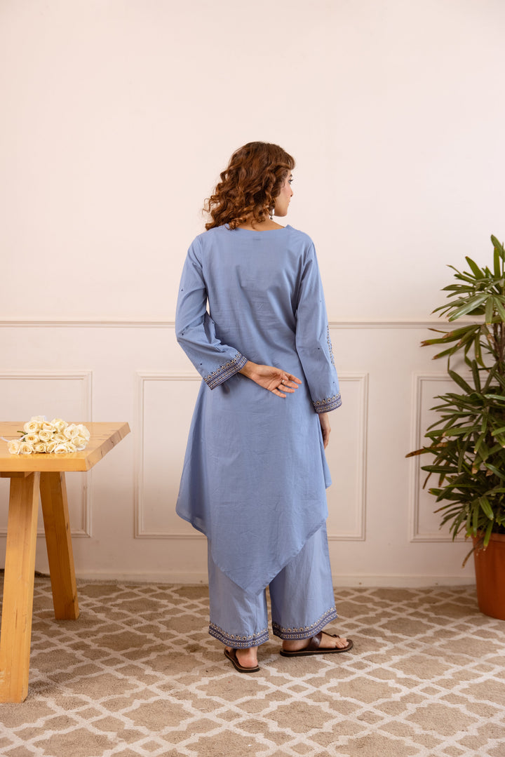 Nehamta Women's Sky Blue Cotton Asymetrical Kurta & Palazzo