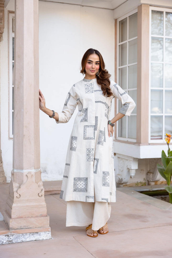 Nehamta Women's White Cotton Blend Kurta & Palazzo Set