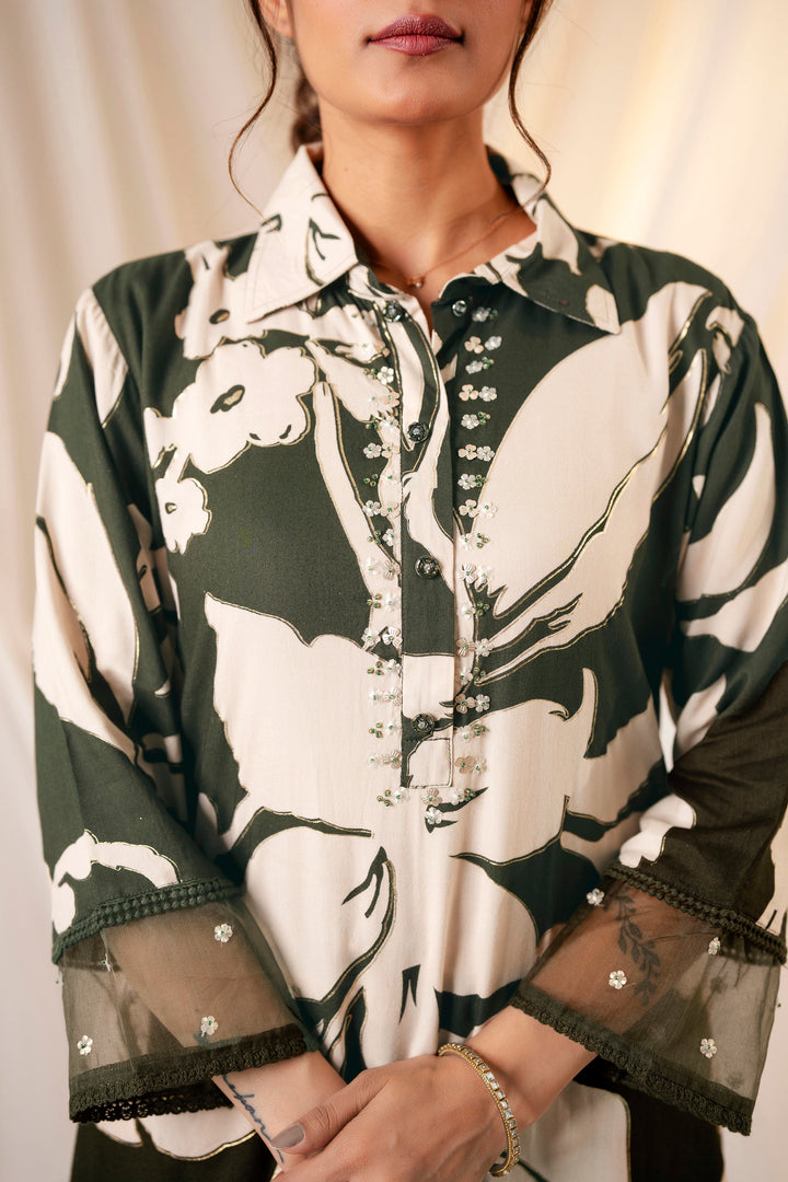 Nehamta Women's Green Rayon Kurta, Palazzo Set