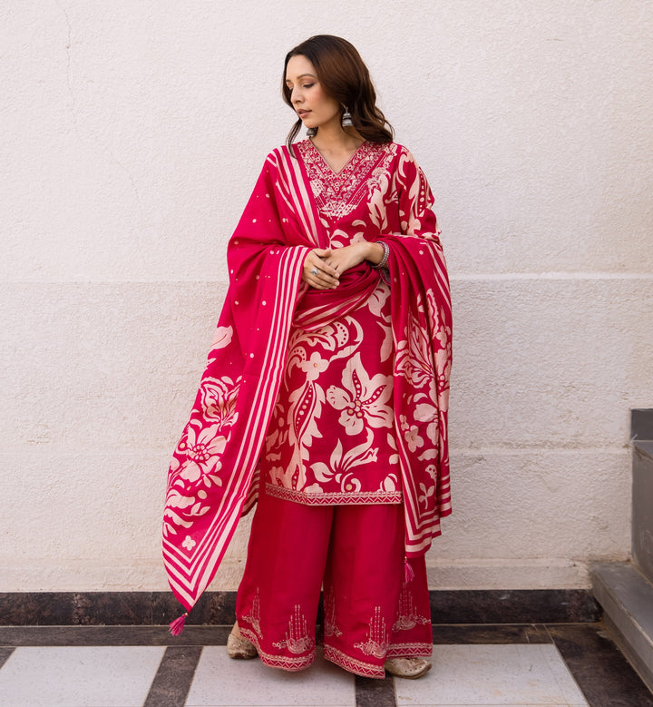 Nehamta Women's Rani Pink Modal Muslin Kurta, Palazzo & Dupatta Set