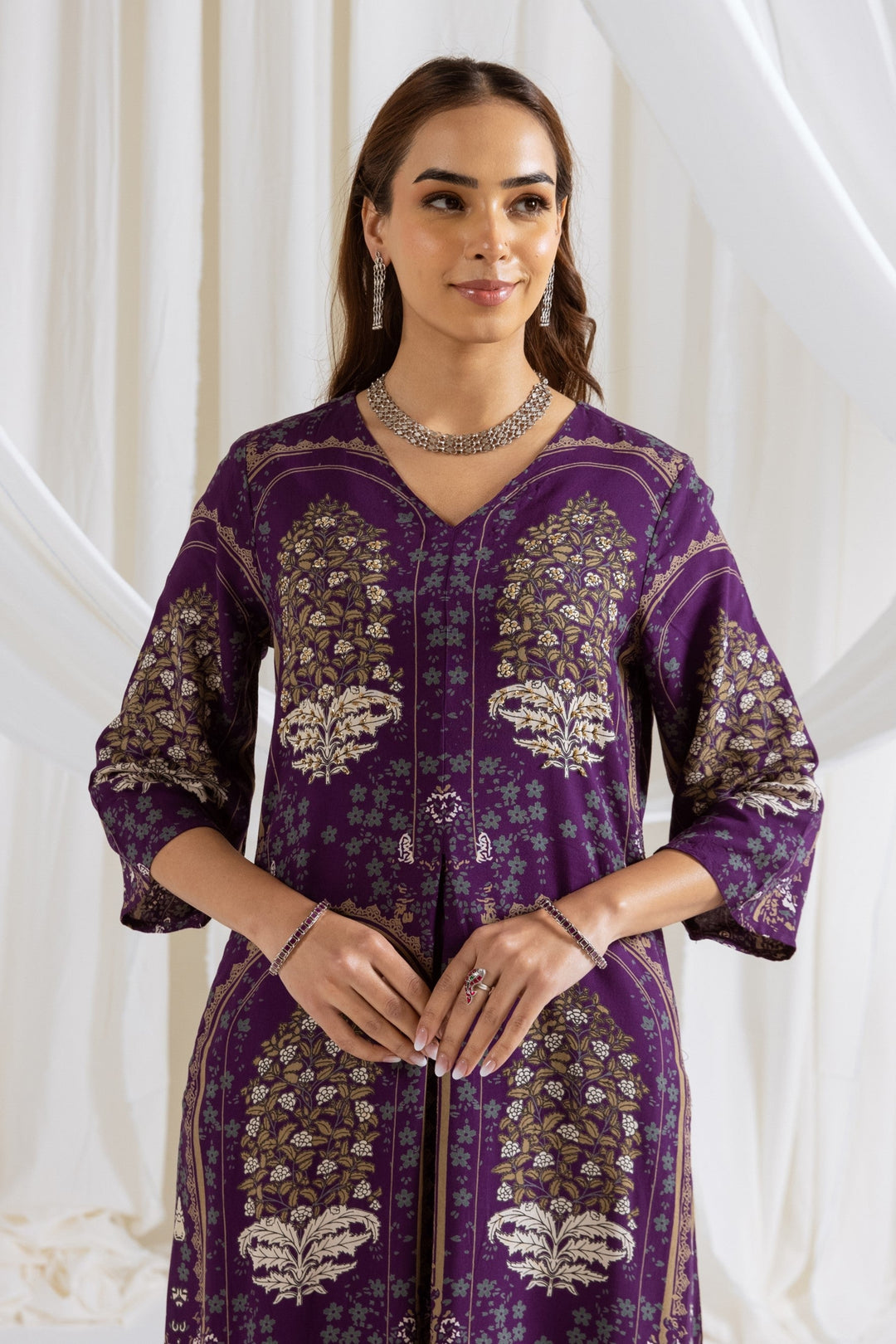 Nehamta Women's Purple German Rayon Kurta & Palazzo Set