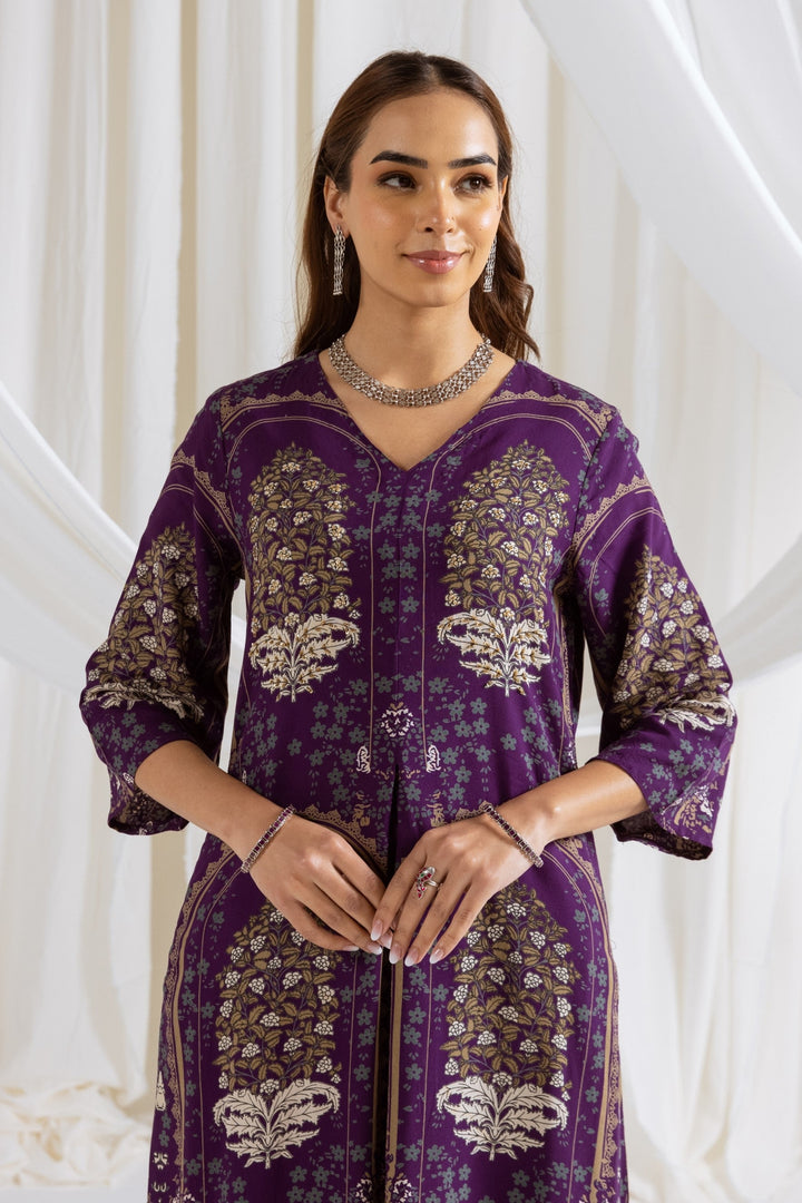 Nehamta Women's Purple German Rayon Kurta & Palazzo Set