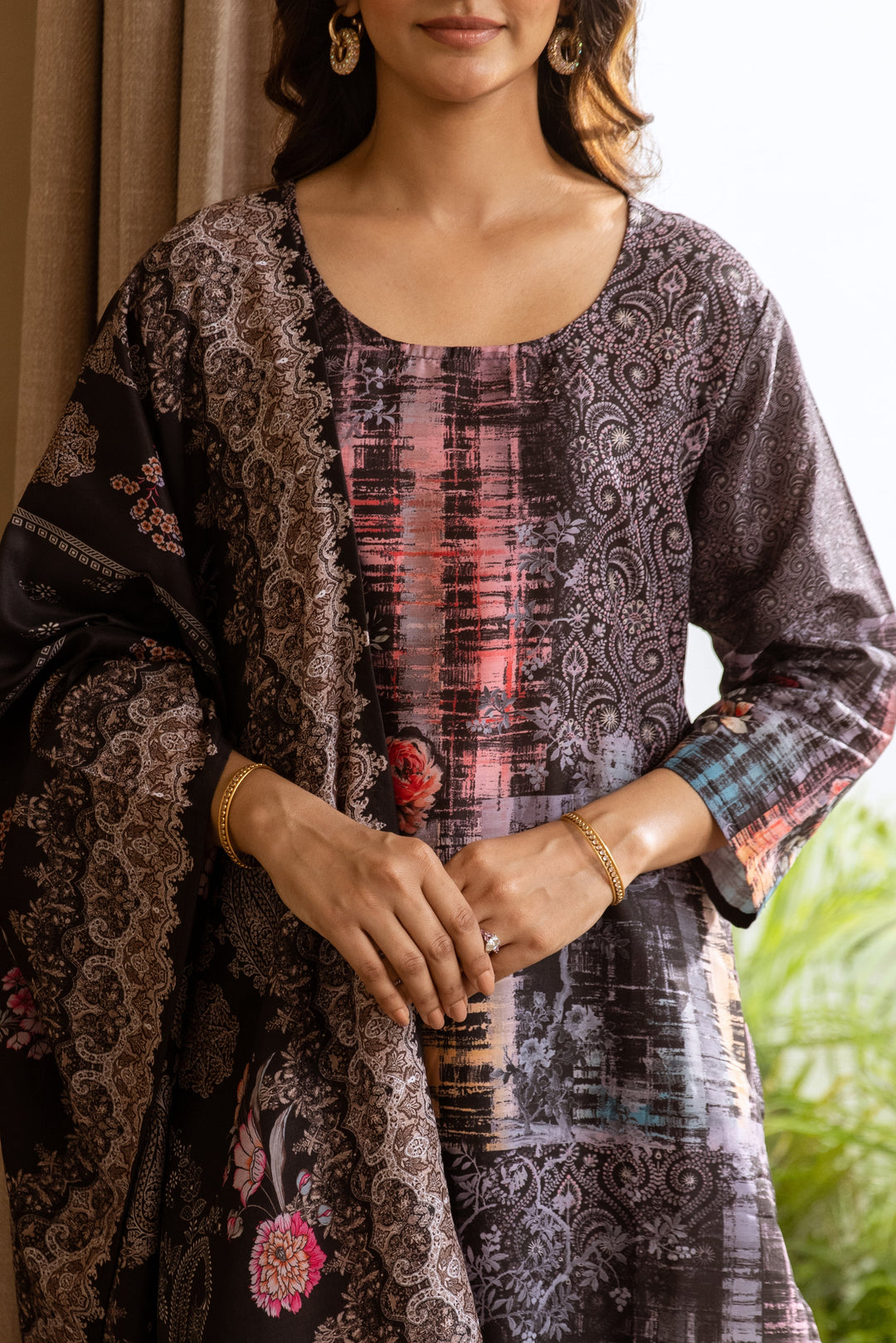 Nehamta Women's Black Viscose Muslin Kurta, Pant & Dupatta Set