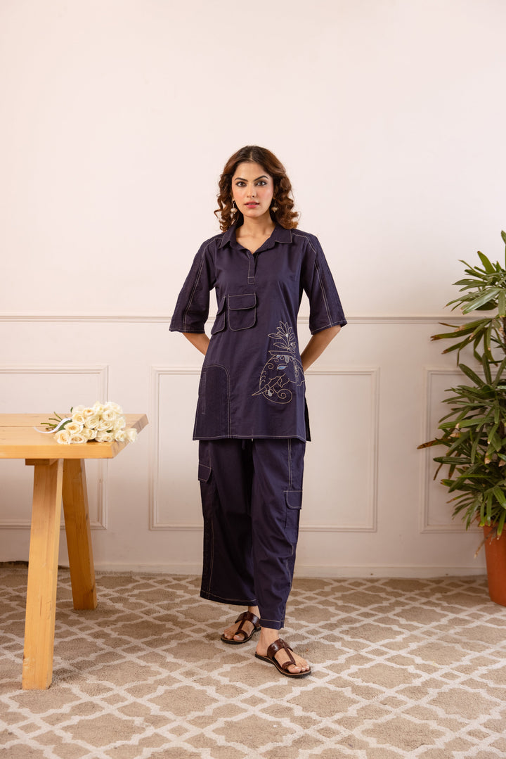 Nehamta Women's Navy Blue Pure Cotton Tunic with Pant Co-Ords Set