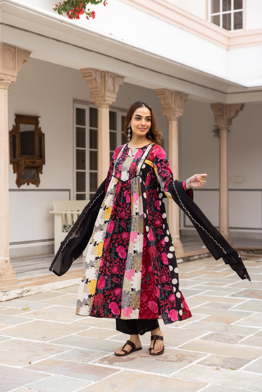 Nehamta Women's Black Cotton Kurta with Pant & Dupatta