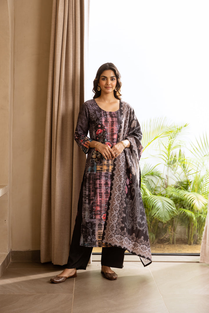 Nehamta Women's Black Viscose Muslin Kurta, Pant & Dupatta Set
