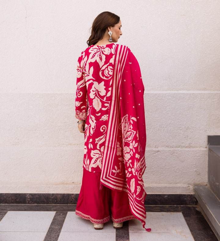 Nehamta Women's Rani Pink Modal Muslin Kurta, Palazzo & Dupatta Set