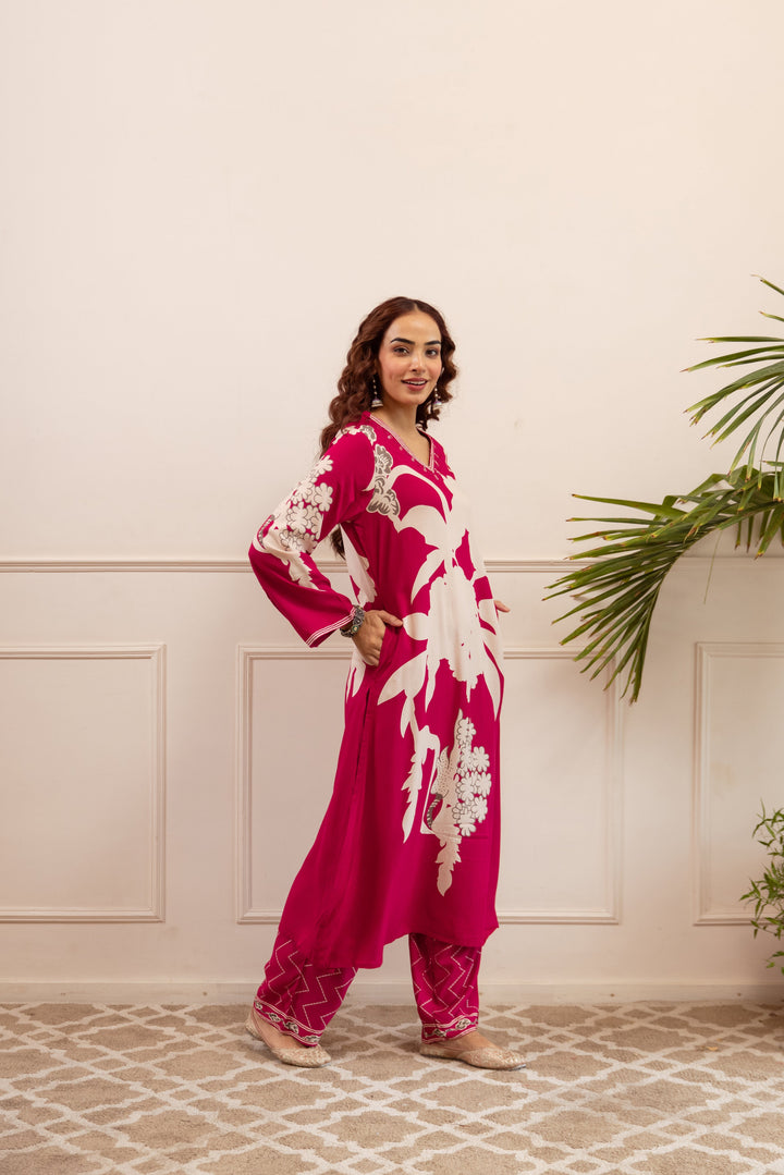 Nehamta Women's Rani Pink German Rayon Kurta & Palazzo Set