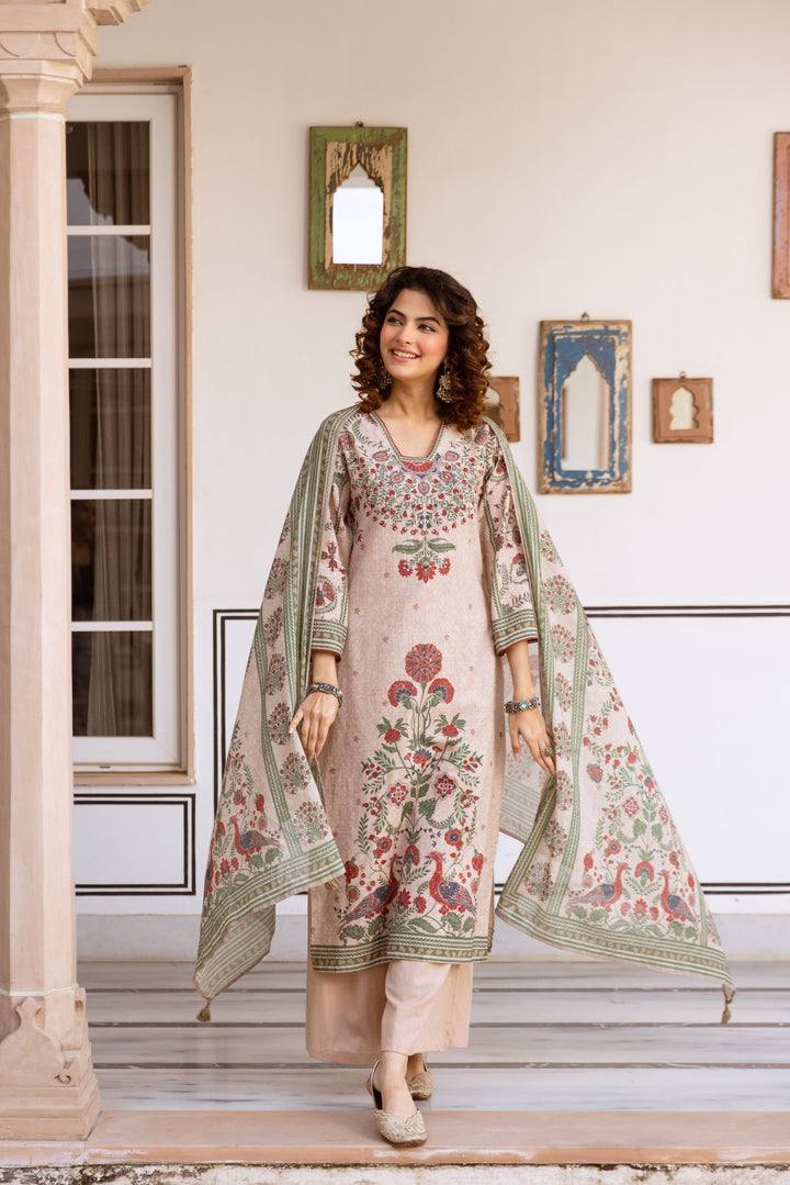 Nehamta Women's Beige Cotton Blend Kurta with Palazzo & Dupatta