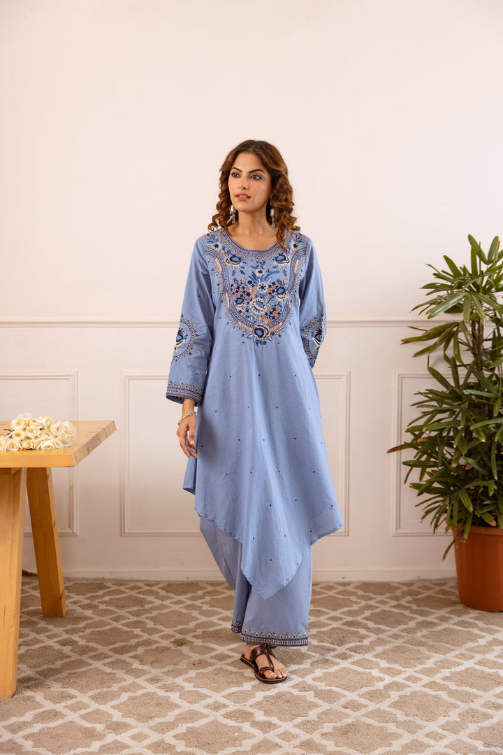 Nehamta Women's Sky Blue Cotton Asymetrical Kurta & Palazzo