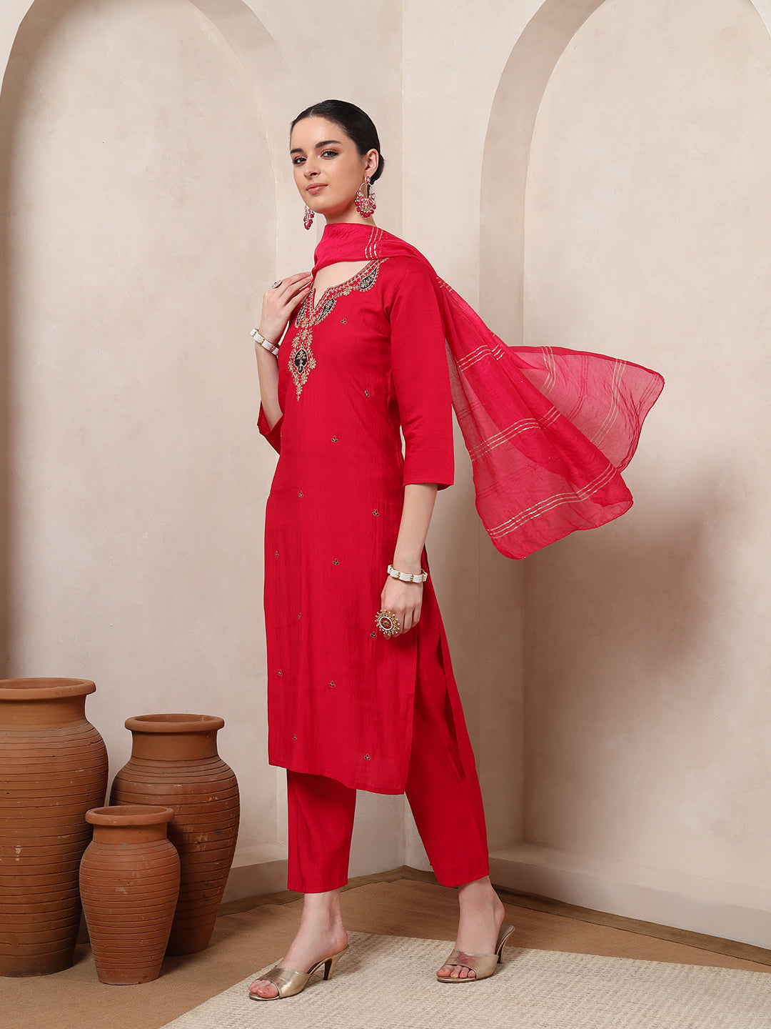 Nehamta Women's Rani Pink Cotton rayon Kurta, Pant & Dupatta Set