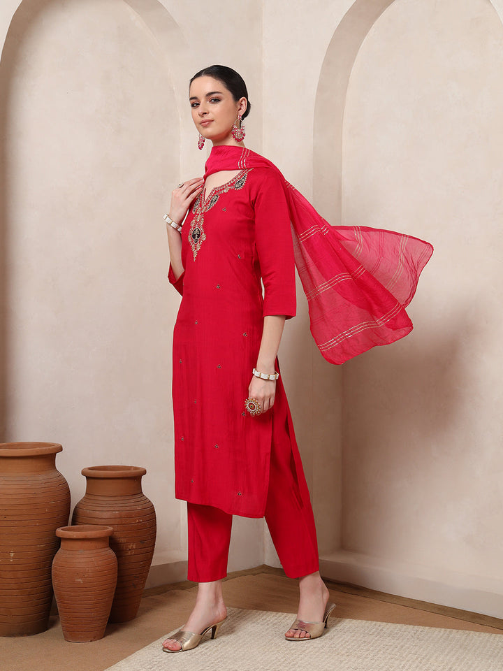 Nehamta Women's Rani Pink Cotton rayon Kurta, Pant & Dupatta Set