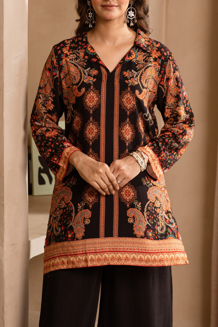 Nehamta Women's Black Rayon Tunic & 1 Palazzo Co-Ords Set