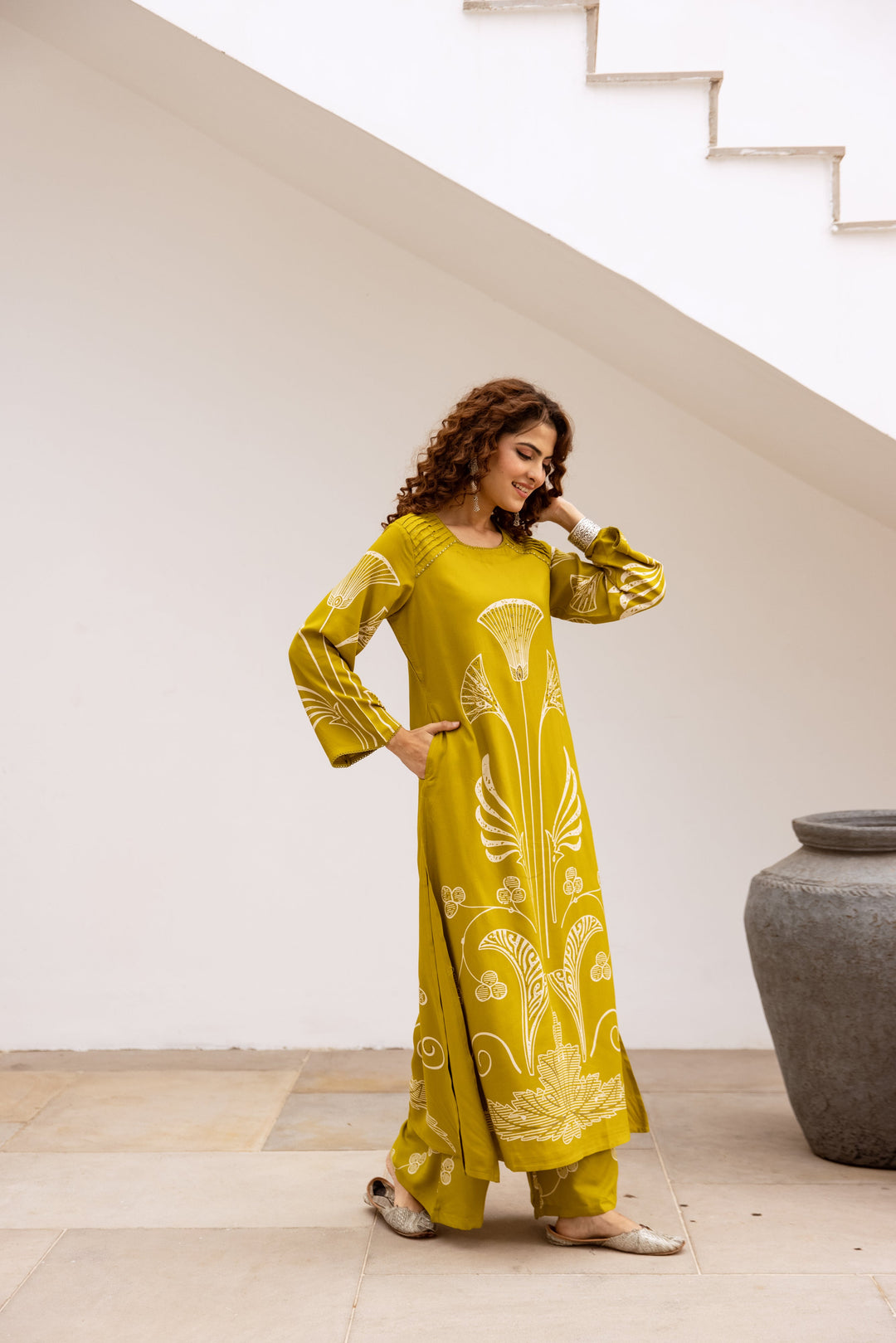 Nehamta Women's Lime Green German Rayon Kurta & Palazzo Set