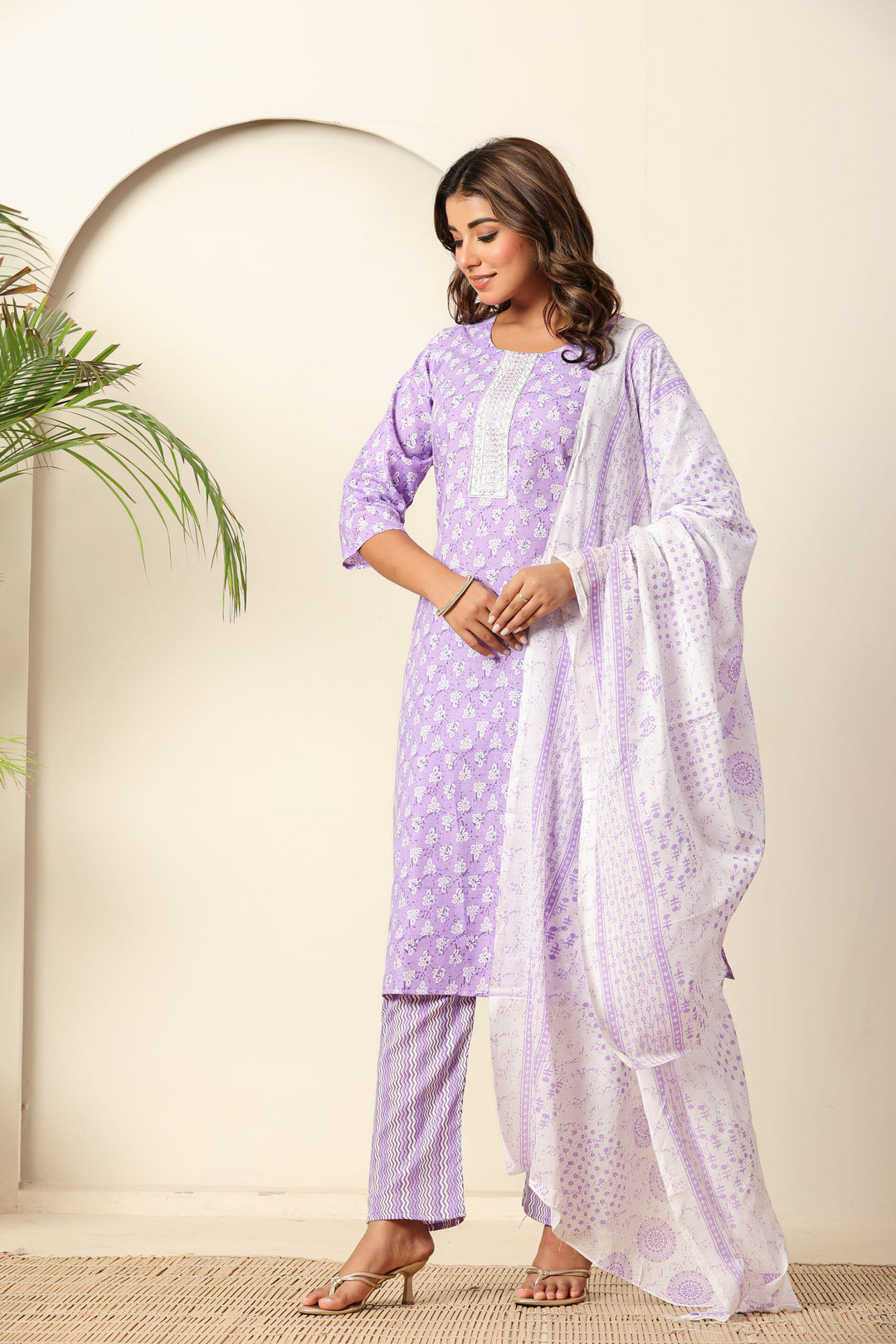 Nehamta Women's Lavender Cotton rayon Kurta, Pant & Dupatta Set