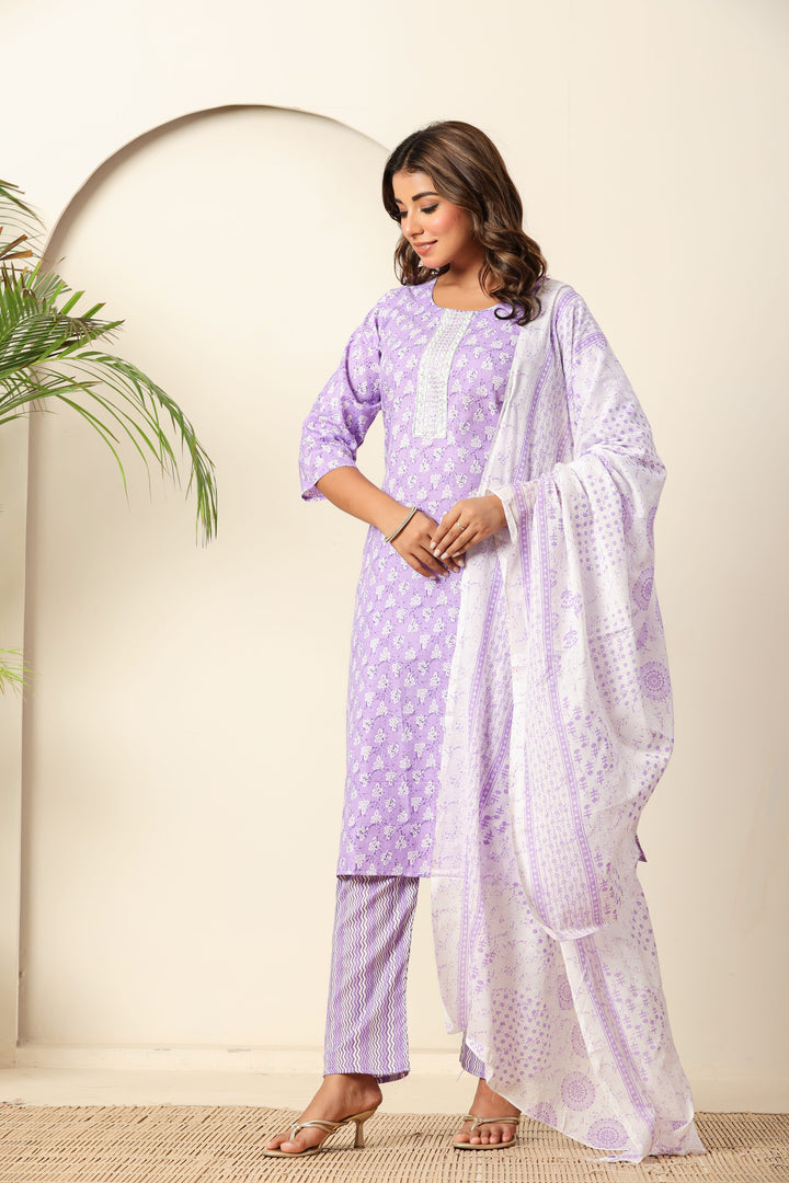 Nehamta Women's Lavender Cotton rayon Kurta, Pant & Dupatta Set