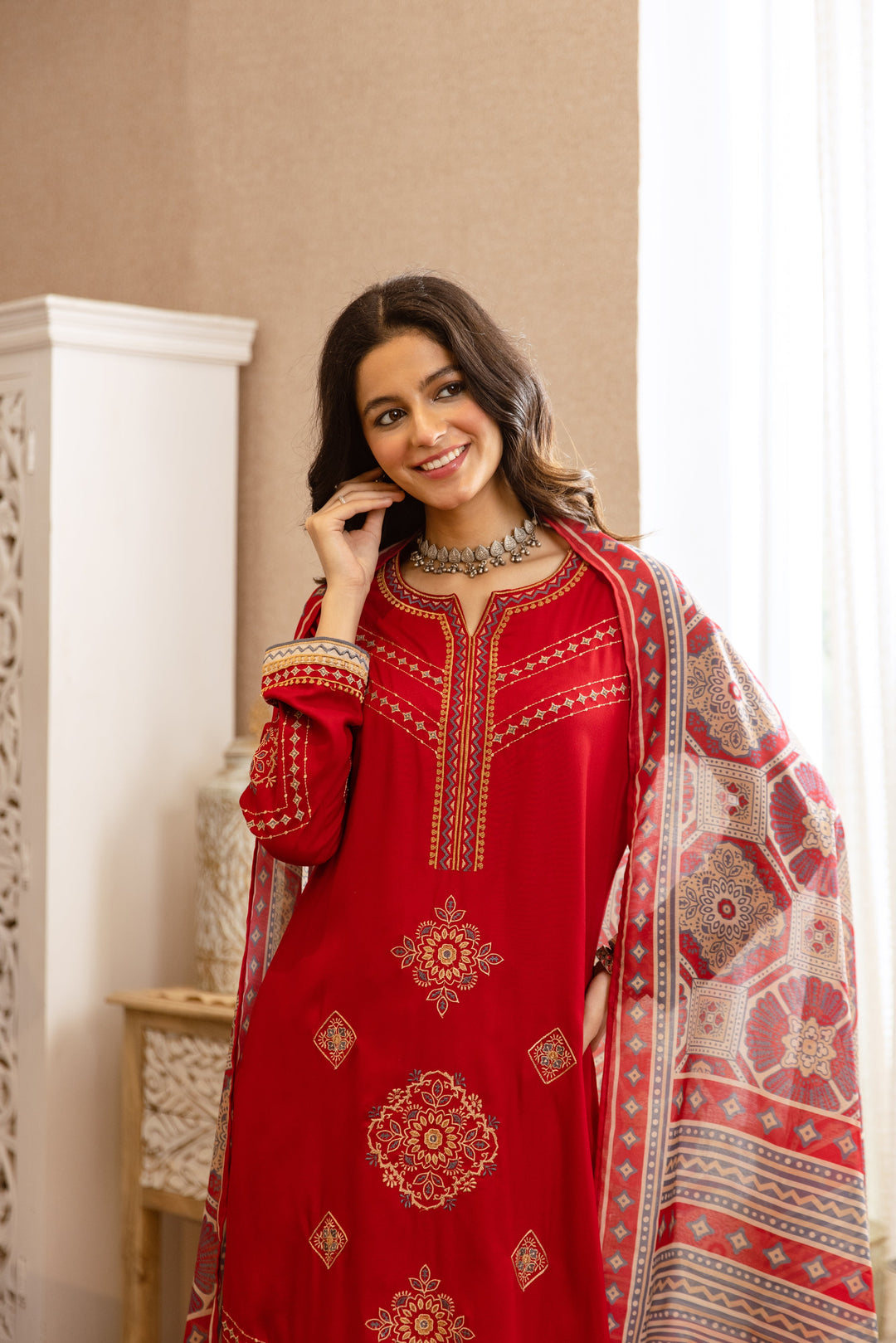 Nehamta Women's Red Rayon Kurta with Palazzo & Dupatta