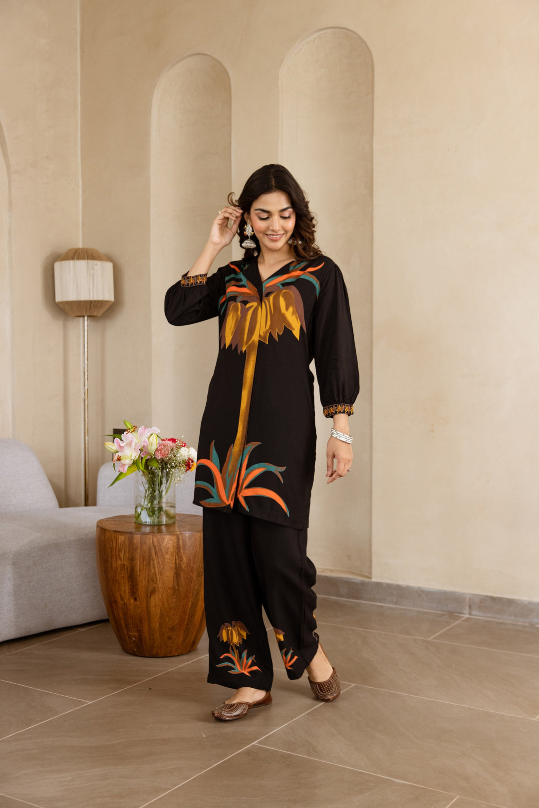 Nehamta Women's Black German Rayon Tunic & 1 Pant Co-Ords Set