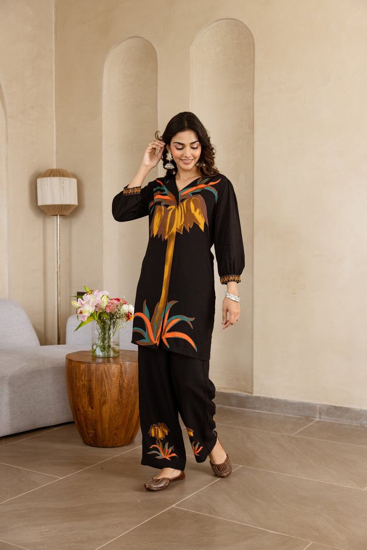 Nehamta Women's Black German Rayon Tunic & 1 Pant Co-Ords Set