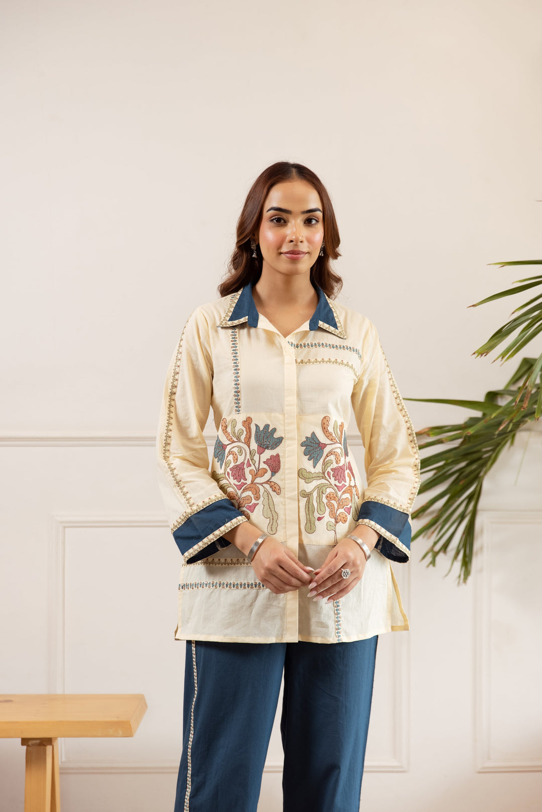 Nehamta Women's Off White Cotton Tunic with Pant Co-Ords Set