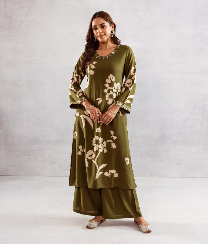 Nehamta Women's Green German Rayon Kurta & Palazzo Set