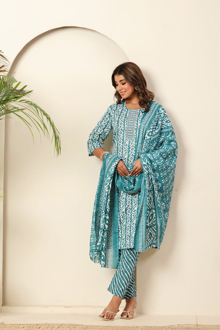 Nehamta Women's Teal Blue Cotton rayon Kurta, Pant & Dupatta Set