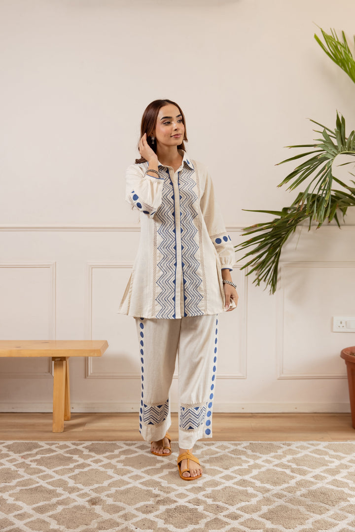 Nehamta Women's White Pure Cotton Tunic with Palazzo Co-Ords Set
