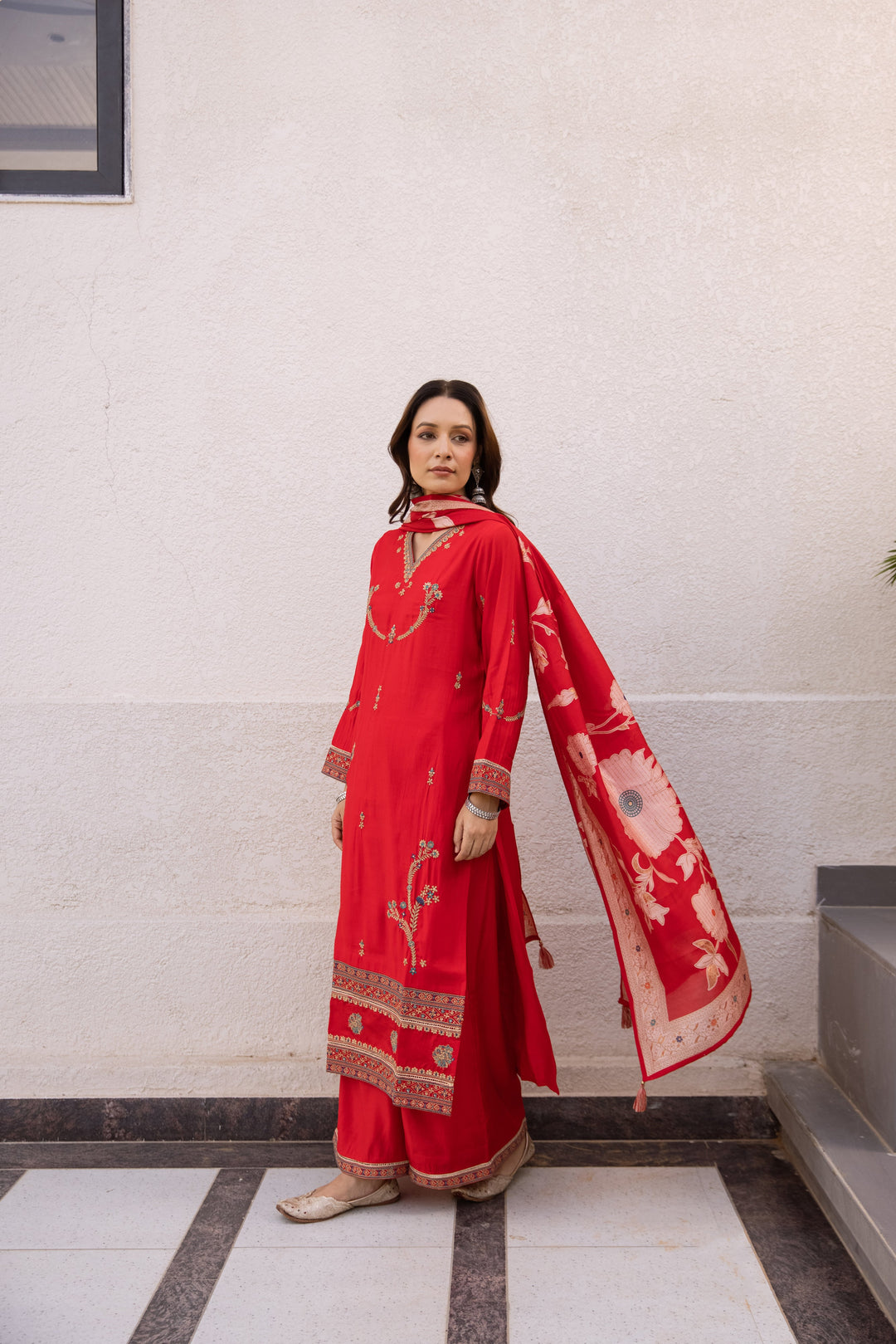 Nehamta Women's Red Modal Muslin Kurta, Palazzo & Dupatta Set