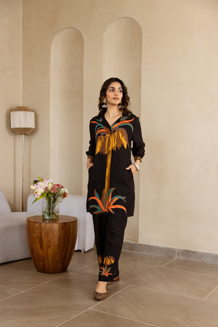 Nehamta Women's Black German Rayon Tunic & 1 Pant Co-Ords Set