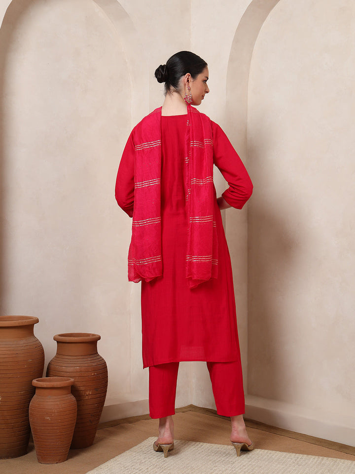 Nehamta Women's Rani Pink Cotton rayon Kurta, Pant & Dupatta Set