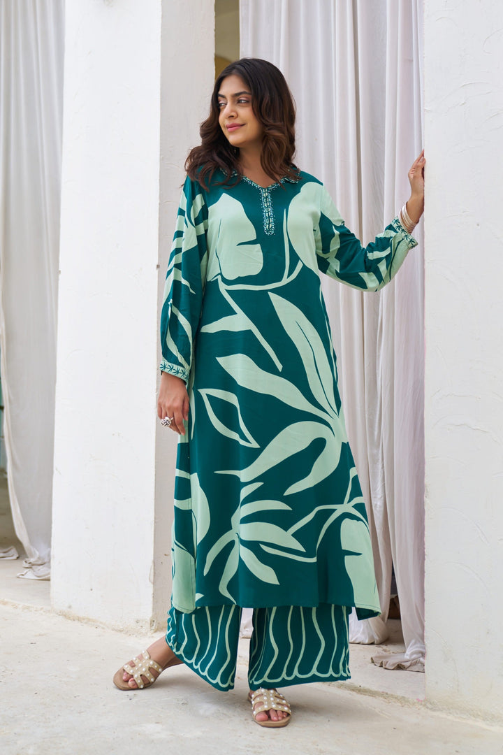 Nehamta Women's Teal Blue German Rayon Kurta & Palazzo Set