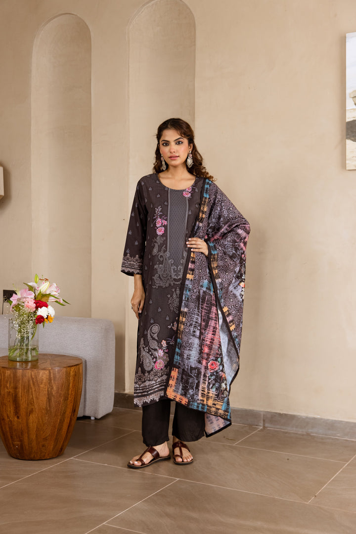 Nehamta Women's Black Viscose Muslin Kurta, Pant & Dupatta Set