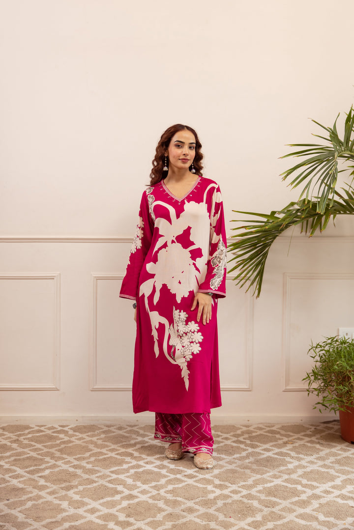 Nehamta Women's Rani Pink German Rayon Kurta & Palazzo Set