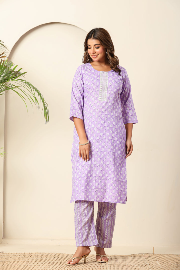 Nehamta Women's Lavender Cotton rayon Kurta, Pant & Dupatta Set