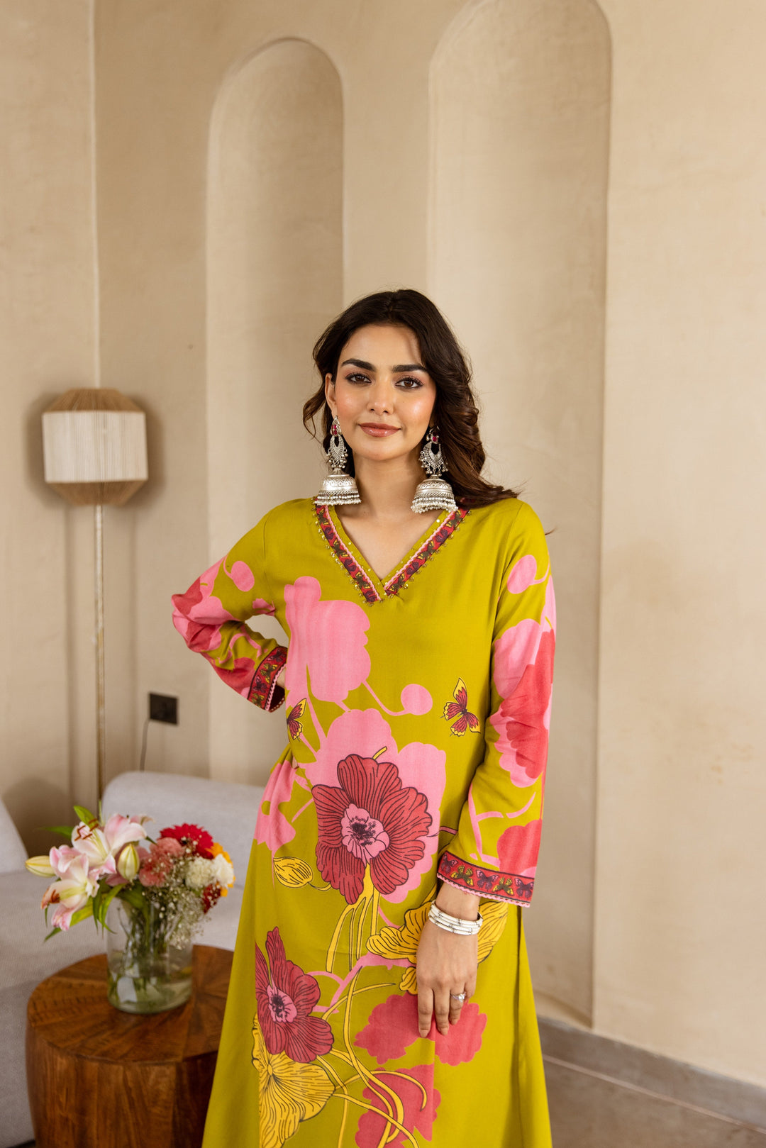 Nehamta Women's Lime Green German Rayon Kurta & Palazzo Set