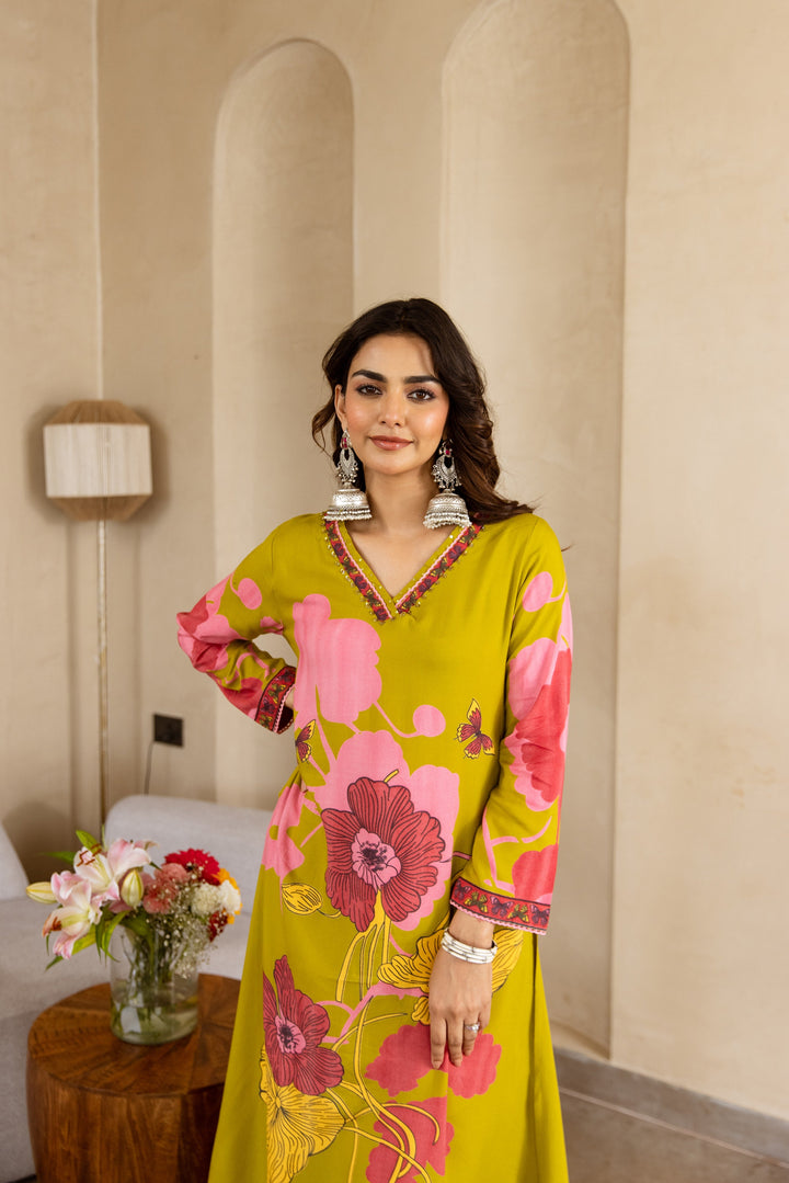 Nehamta Women's Lime Green German Rayon Kurta & Palazzo Set