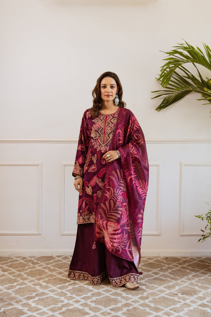 Nehamta Women's Wine German Rayon Kurta, Divider Palazzo & Dupatta Set