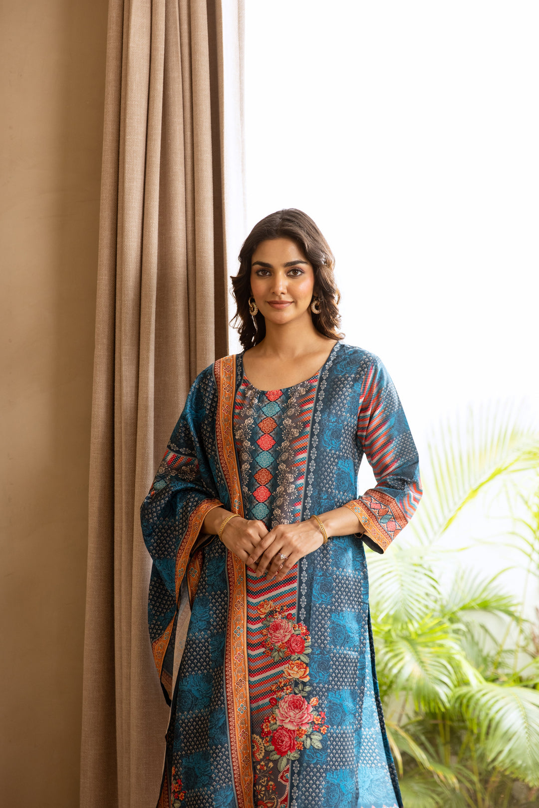 Nehamta Women's Teal Blue Viscose Muslin Kurta, Palazzo & Dupatta Set