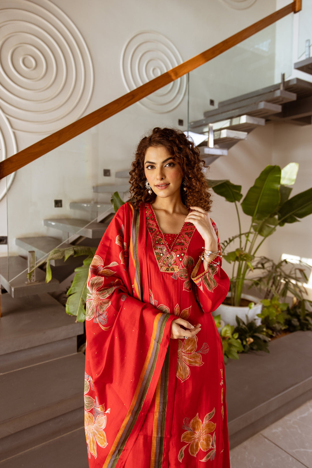 Nehamta Women's Red Modal Muslin Kurta with Palazzo & Dupatta