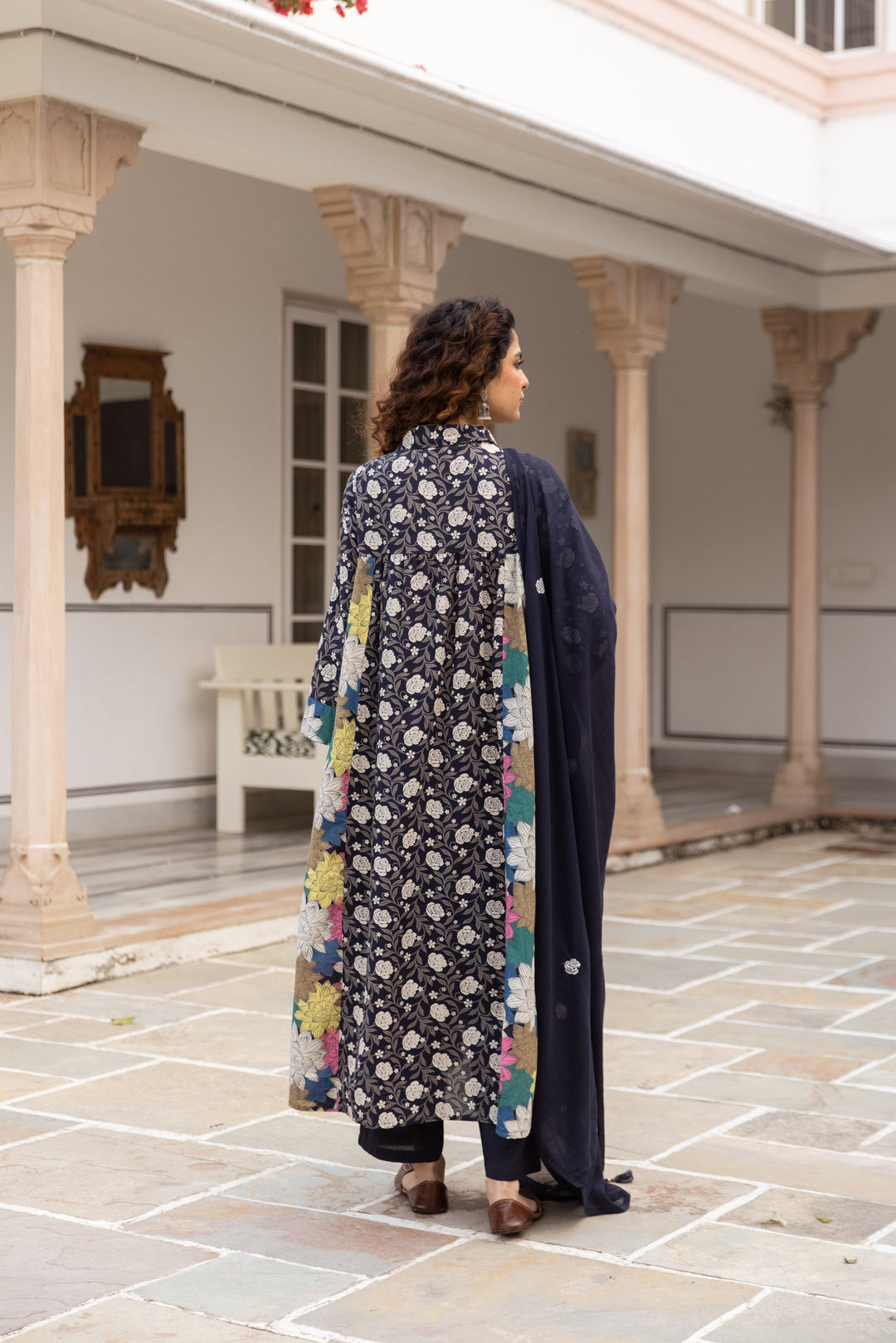 Nehamta Women's Navy Blue Cotton Kurta with Pant & Dupatta