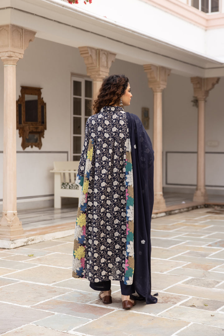 Nehamta Women's Navy Blue Cotton Kurta with Pant & Dupatta