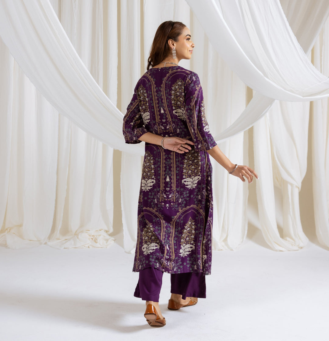 Nehamta Women's Purple German Rayon Kurta & Palazzo Set